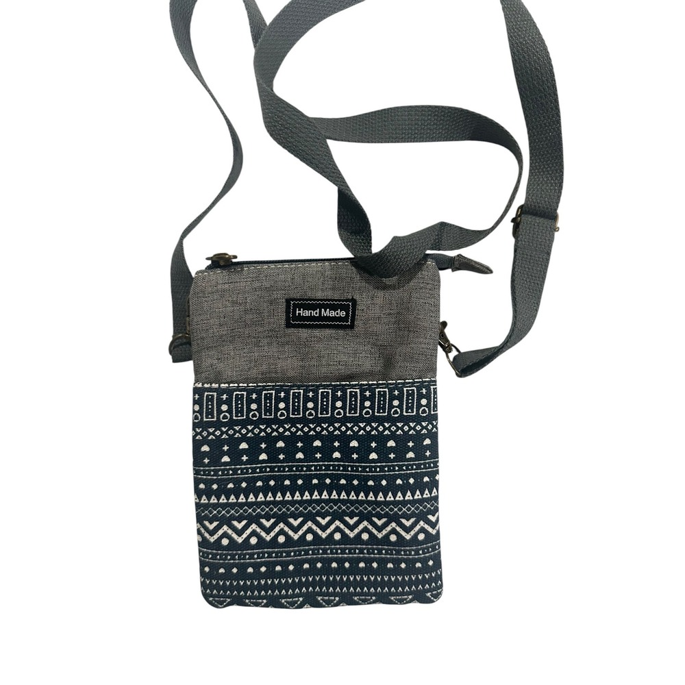 Handmade Boho Geometric Tribal Canvas Crossbody Phone Bag Blue Grey Small